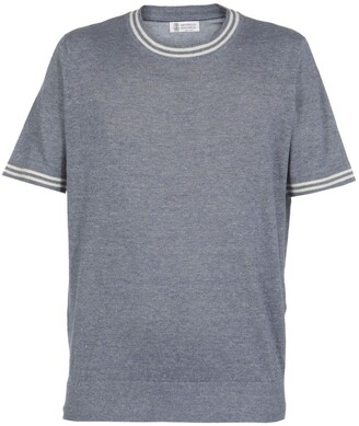 Brunello Cucinelli Stripe-Trim Fine Knit Crewneck T-Shirt