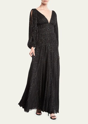 J. Mendel V-Neck Puff-Sleeve Fitted-Waist Metallic-Dot Evening Gown