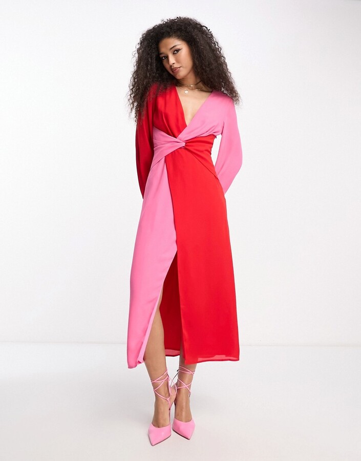Pretty Lavish knot front contrast midaxi dress in pink and red ShopStyle