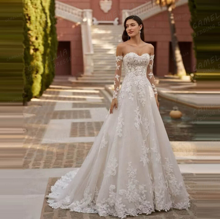 Luxury Appliques Wedding Dresses A Line Women & apos;s Bridal Gowns Long Sleeve Off Shoulder Elegant Princess Tulle Vestidos Customized