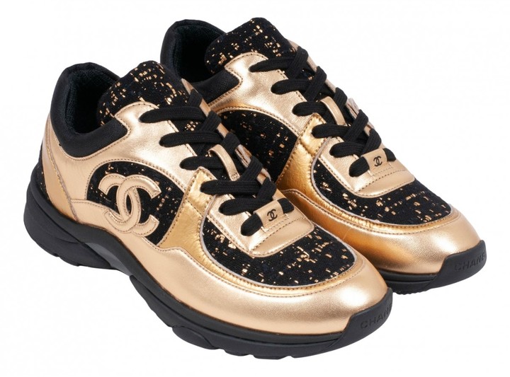 chanel cc logo suede tweed black gold sneaker