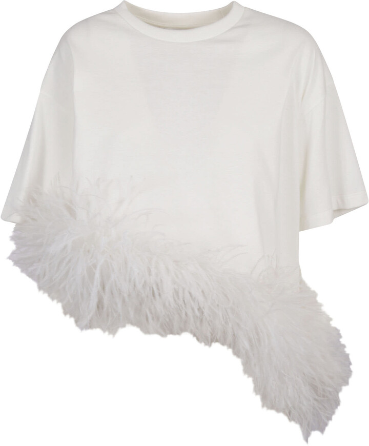 white shirt with feathers