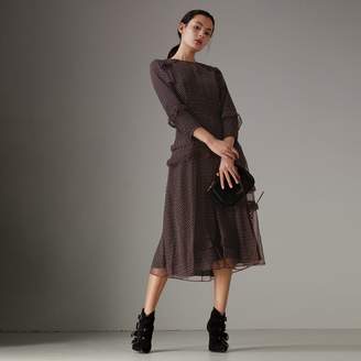 Burberry Long-sleeve Ruffle Detail Spot Print Silk Dress