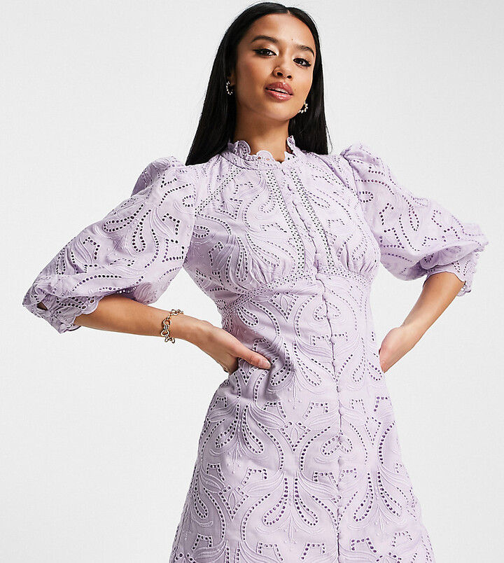 Ever New Petite puff sleeve high neck lace mini shift dress in