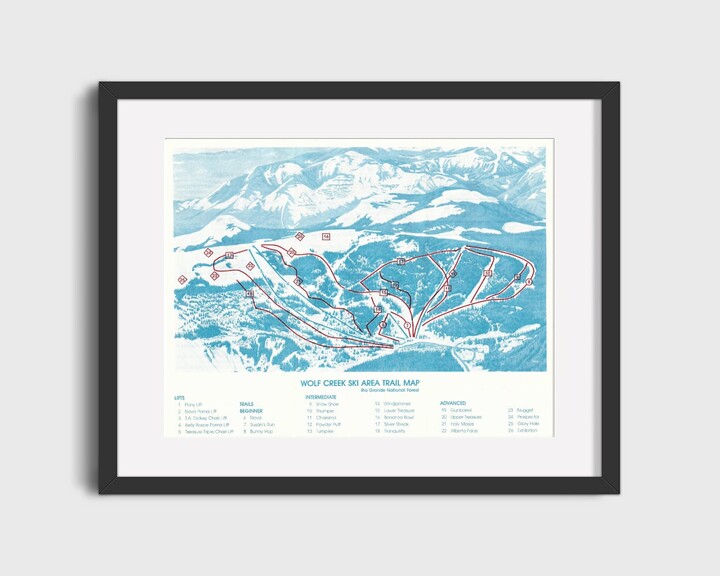 1982 Wolf Creek Ski Area Trail Map - Home Decor, Lodge Wall Poster, Vintage