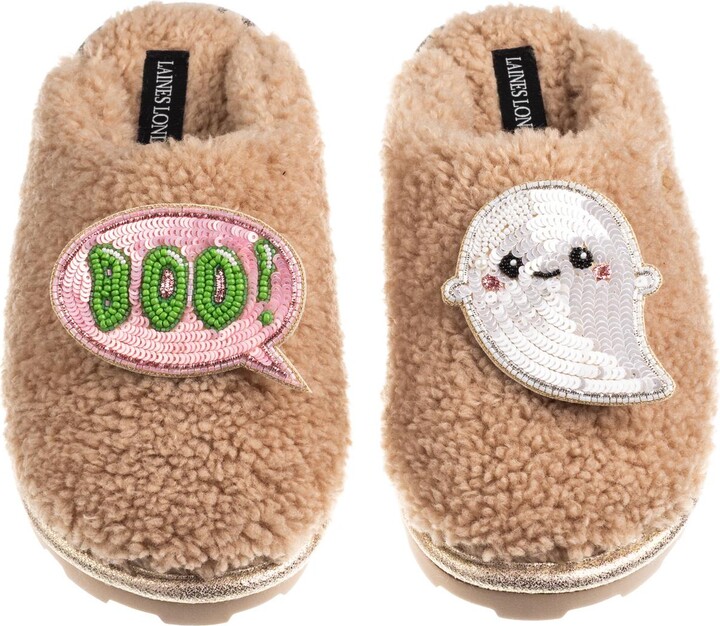 Laines London Brown / Neutrals Closed Toe Slippers With Limited Edition Laines Lovables Boo The Ghost Halloween Brooches - Toffee