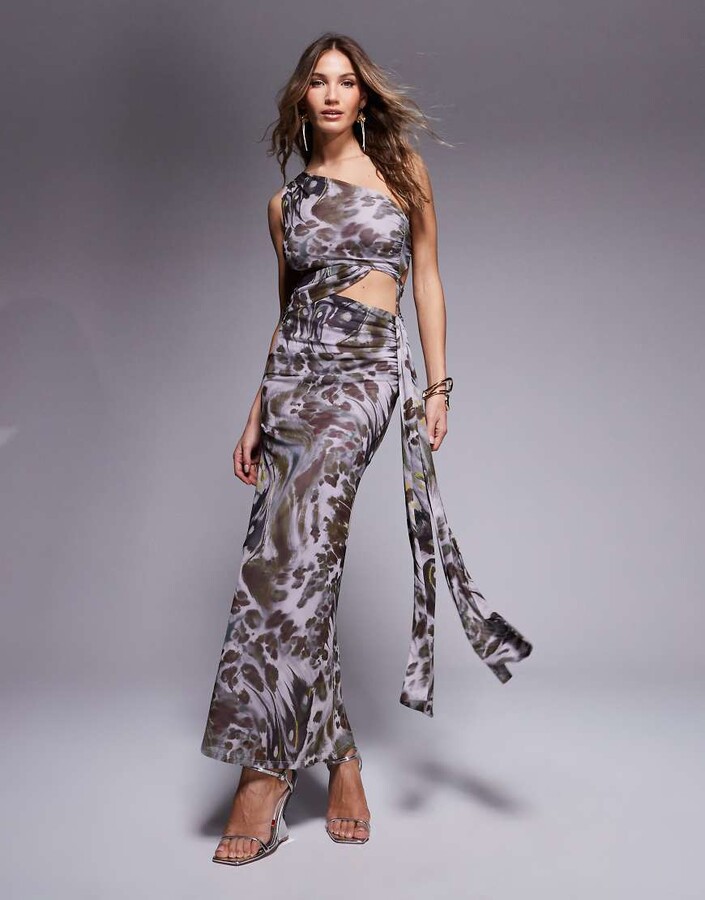 ASOS DESIGN mesh asymmetric one-shoulder midi dress with long ties in abstract swirl print