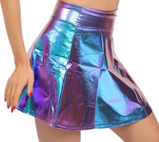 SamHeng Women Ladies PU Leather Mini Skirt Sexy High Waist Shiny Metallic  Skirt for Party Cocktail Dress Performance Costume-Blue - ShopStyle