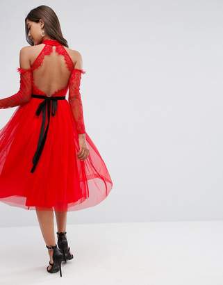 ASOS Premium Tulle Cold Shoulder Midi Prom Dress