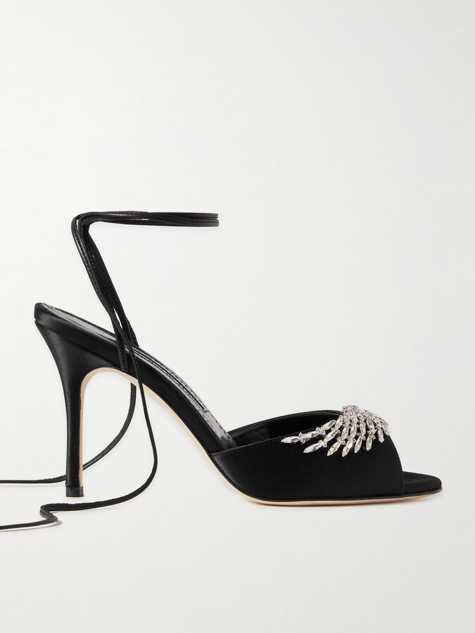 Manolo Blahnik - Plumena 90 Crystal-embellished Satin Lace-up Sandals - Black