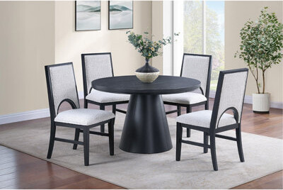 Hokku Designs Dining Table 4X Side Chairs White Finish Fabric Black Round Table W Cone Base Cutout Back Chair 5Pc Dining Set
