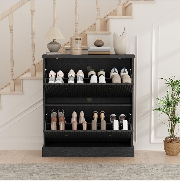 Jojoka ModernFlutedShoeCabinetwith2FlipDrawers&AdjustableShelf¨CSlimWoodenOrganizerforEntryway&Hallway