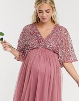 Thumbnail for your product : Maya Maternity bridesmaid cape detail wrap maxi dress in delicate sequin with tulle skirt in rose
