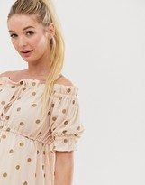 Thumbnail for your product : ASOS DESIGN Maternity off shoulder tiered maxi beach dress in metallic polka dot