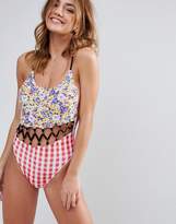 Thumbnail for your product : Jaded London Mix Print Gingham Lace Up Swimsuit