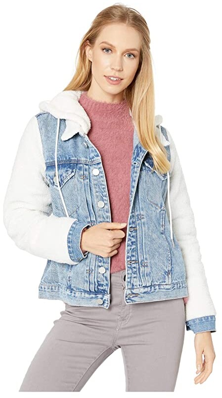 womens denim jacket with grey sleeves and hood