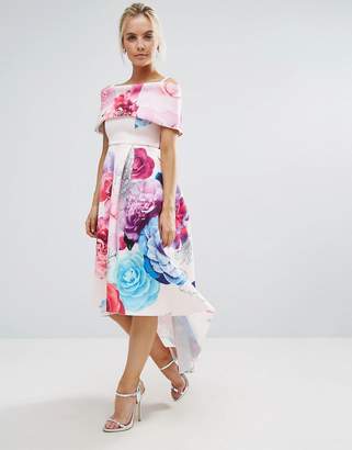 ASOS Petite PETITE Placed Floral Dip Back Bardot Off Shoulder Maxi Dress