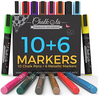 Chalkola Chalk Markers & Metallic Colors - Pack of 16 chalk pens - For Chalkboard, Whiteboard, Window, Labels, Bistro - 6mm Bullet Tip with 8 gram ink