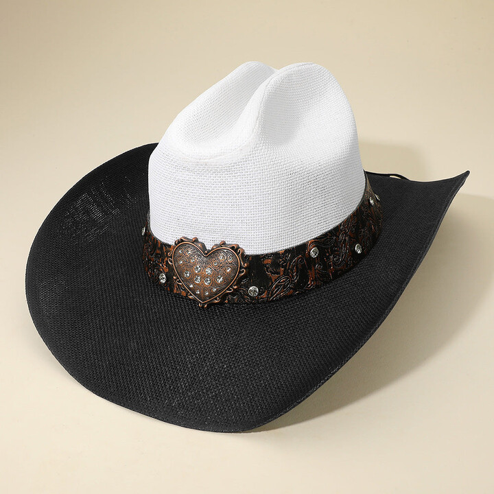 FASHNZFAB Western Heart Concho Buckle Band Cowboy Fedora Hat