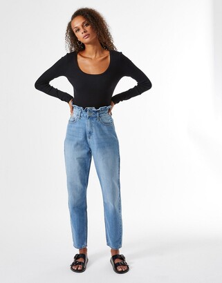 Miss Selfridge mom jeans with ruffle detail in blue - ShopStyle