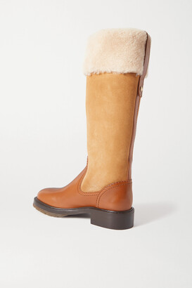 Chloé Shearling-trimmed Suede And Leather Knee Boots - Brown