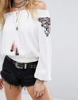 Thumbnail for your product : Honey Punch Off Shoulder Long Sleeve Top With Embroidery And Tassel Trim