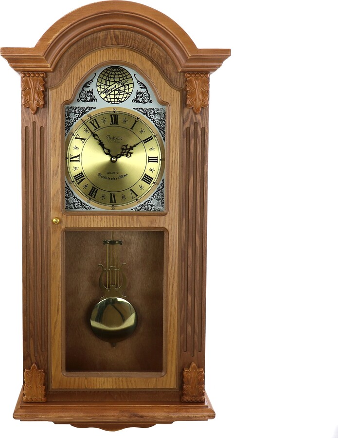 Bedford Clock Collection Honey Oak Chiming Pendulum Wall Clock 12.25