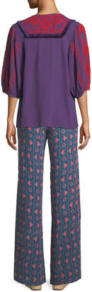 Figue Ipanema Floral-Stripe Split Wide-Leg Silk Pull-On Pants