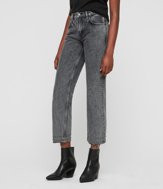 AllSaints Ava Straight Stud Hem High-Rise Jeans, Acid Black