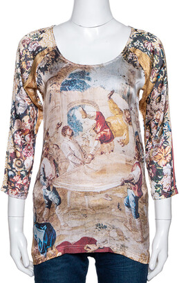 Dolce & Gabbana Beige Abstract Printed Stretch Silk Long Sleeve Top M