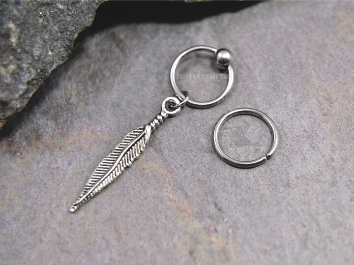 Long Feather Cartilage Jewelry, 316L Stainless Surgical Steel 20G/18G/16G/14G 6mm-19mm Captive Bead Ring Cbr Or Bendable Hoop, Silver Charm