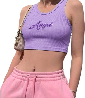 Burkashear Y2K Women Summer Tank Top E-Girls Sexy 90s Sleeveless Crewneck  Solid Color Blouses Ladies Letter Printed Cropped Crop Tops Teen Camisole  Angel Corset Embroidery Clubwear (Pink - ShopStyle