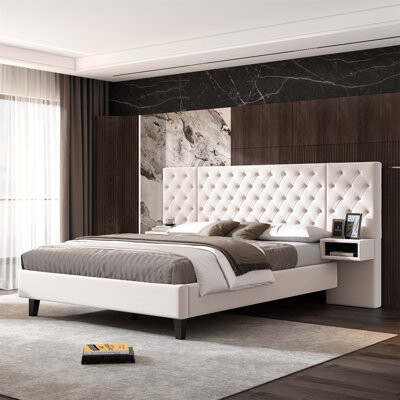 King Size Platform Bed With Headboard, Modern Velvet Upholstered Platform Bed With 2 Nightstands, With Diamond Tufted