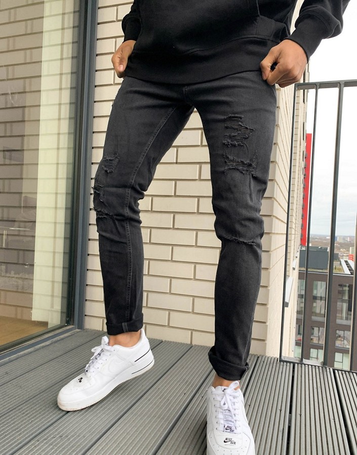 Jack and Jones Intelligence Liam skinny fit jean with rips in black - ShopStyle