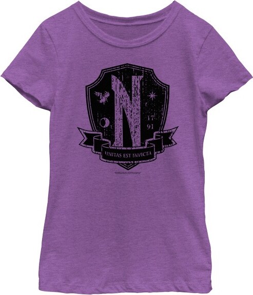 Wednesday Series Girl'sWednesdayNevermoreAcademyDistressedEmblemT-Shirt-PurpleBerry-Medium