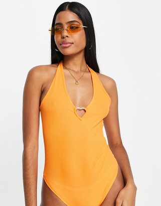 Miss Selfridge heart buckle bodysuit in orange - ShopStyle Tops