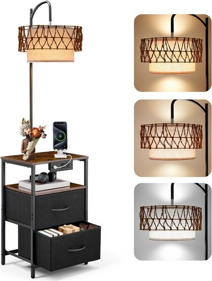 SUGIFT FloorLampwithTable2-TierEndTablewithDrawersLEDLightingandUSBChargingPorts