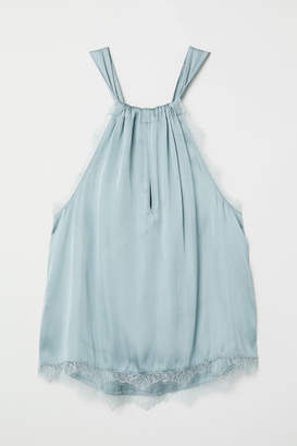 H&M Lace-trimmed Satin Top - Turquoise
