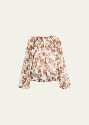 Tanya Taylor Elaine Floral Linen-Silk Blouson-Sleeve Top