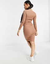 Thumbnail for your product : Flounce London Petite button trim ribbed midi dress in taupe