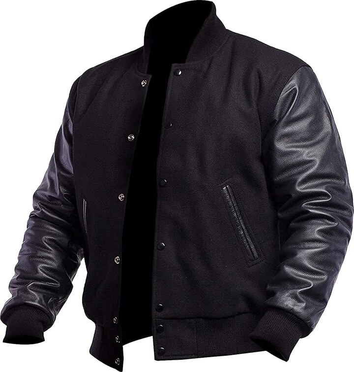 SPURZE Mens Black Varsity Jacket High School College Letterman Baseball Bomber Jackets Wool