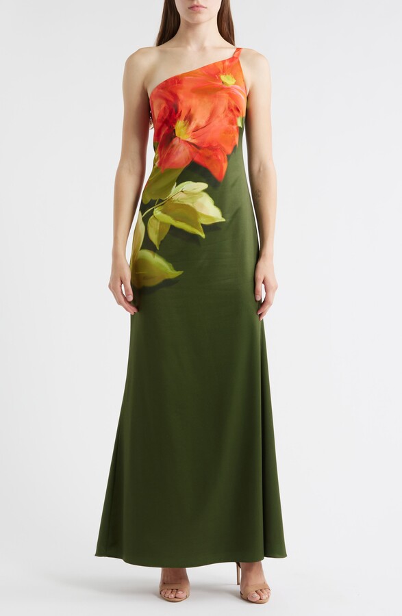 Placed Print One-Shoulder Satin Gown