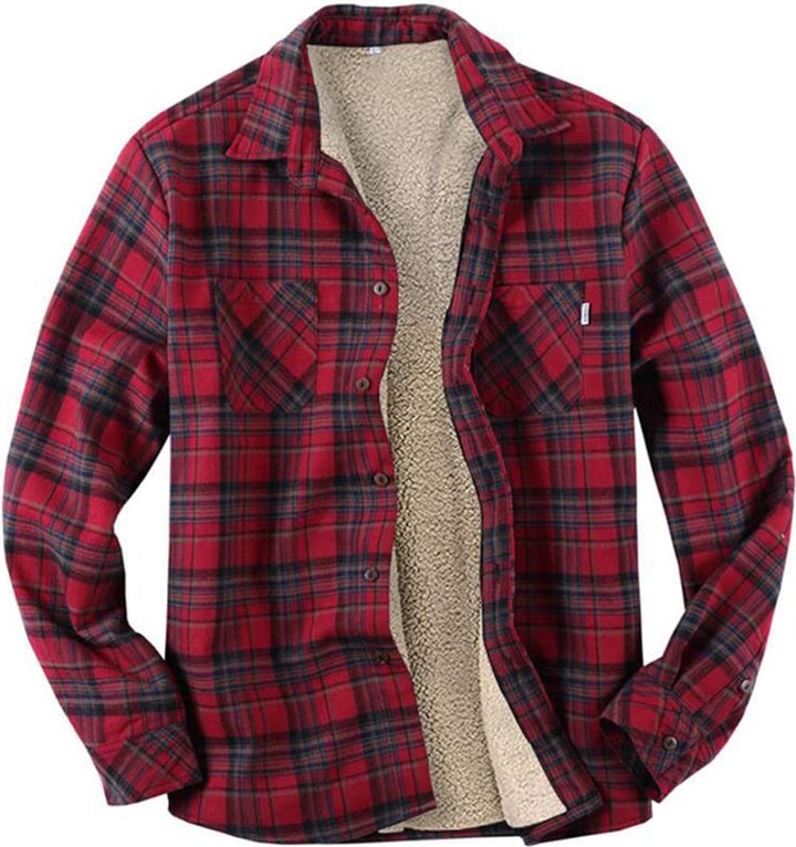GUOCU Mens Padded Check Shirt Fleece Lined Lumberjack Collared Quilted  Jacket Thick Warm Casual Workwear Top Padded Shirts Fur Lined Sherpa Jacket  Long Sleeve Vintage Plaid Button Down Shirt Jacket B XL -