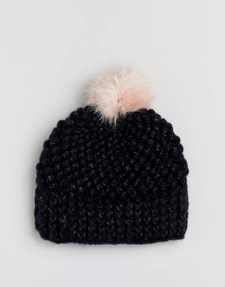 Urban Code Urbancode Soft Knitted Beanie Hat With Contrast Blush Pom Pom