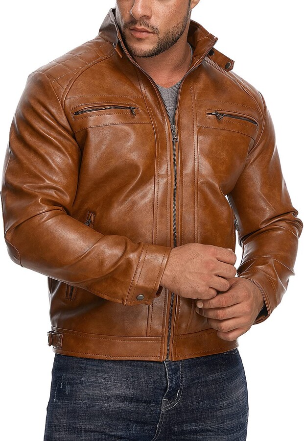HOOD CREW Men’s Stand Collar Leather Jacket Casual Faux Leather Motorcycle Jacket with Zipper