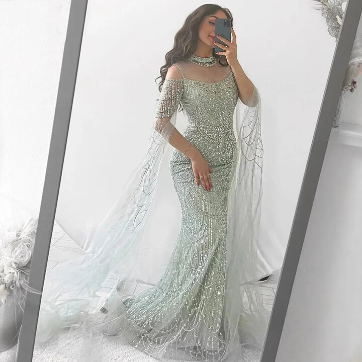 rose novias Customized Elegant Luxury Mermaid Evening Dress With Sweep Train Tulle Cape Sleeves Beading Sequins Formal Party Gown