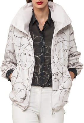 Akris Zip-Front Short Parka Jacket with Faces-Print
