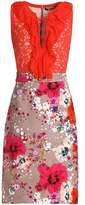 Thumbnail for your product : Roberto Cavalli Ruffle-trimmed Lace-paneled Floral-print Jacqaurd Dress
