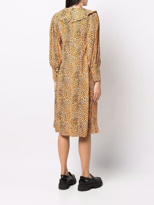 Ganni Leopard-Print Crepe Oversized-Collar Dress