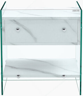 Wrought Studio Bedside table with drawers. The board surface is MDF with white grain sticker, and both sides are transparent tempered glass. The design is simple and